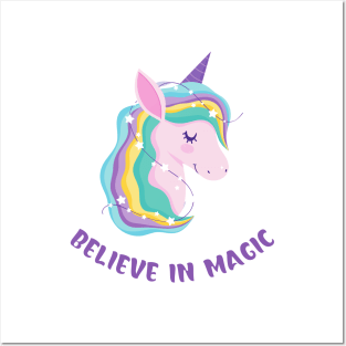 Believe In Magic Beautiful Unicorn With Stars Posters and Art